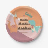 Assiettes En Carton Gâteau d'anniversaire Dinosaur orange rose neutre (Devant)