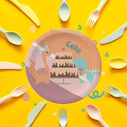 Assiettes En Carton Gâteau d'anniversaire Dinosaur orange rose neutre