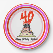 Assiettes En Carton Gâteau d'anniversaire en feu avec 40 bougies (Devant)