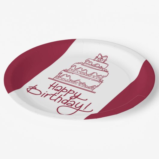 Assiettes En Carton Gâteau D'Anniversaire Rouge Et Blanc Joyeux (Angle)