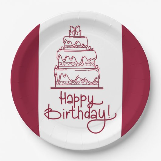 Assiettes En Carton Gâteau D'Anniversaire Rouge Et Blanc Joyeux (Devant)