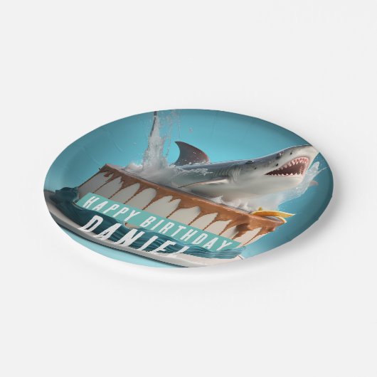 Assiettes En Carton Gâteau d'anniversaire sur le thème du requin (Angle)