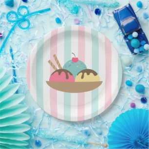 Assiettes En Carton Gâteau de glace à rayures pastel pour Baby Shower