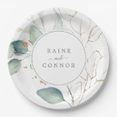 Assiettes En Carton Gâteau de Mariage à feuilles d'or et verdure (Devant)