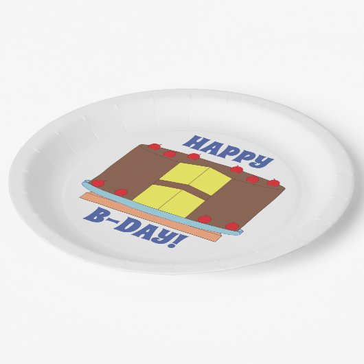 Assiettes En Carton Gâteau jaune avec glaçage au chocolat Anniversaire (Angle)