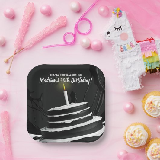 Assiettes En Carton Gâteau noir et blanc élégant thème fête d'annivers (Fête)