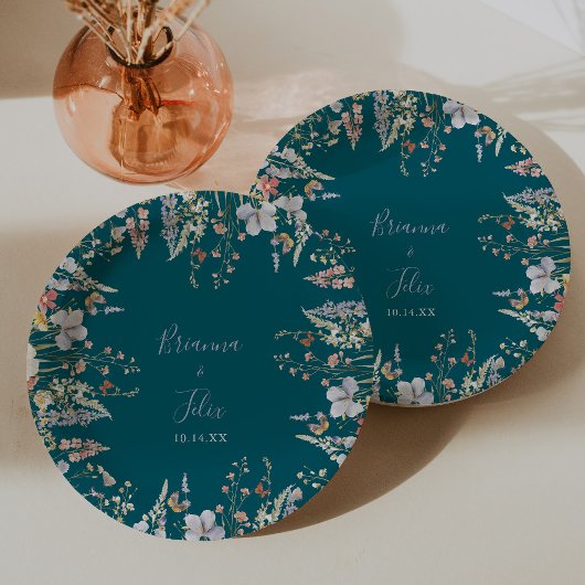 Assiettes En Carton Gâteau vert Fleur sauvage vert Mariage été multico