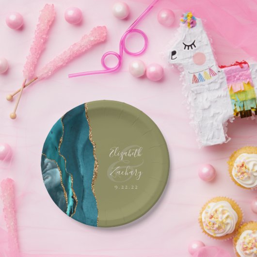 Assiettes En Carton Géode Agate Turquoise Gold Olive Green Mariage (Fête)