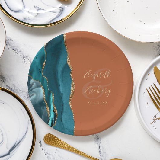 Assiettes En Carton Géode d'Agate Turquoise or brûlé Mariage orange
