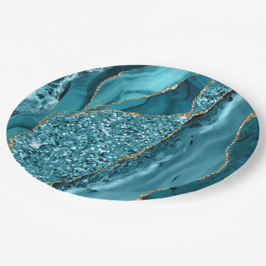 Assiettes En Carton Géode dorée en marbre bleu turquoise Parties scint (Angle)