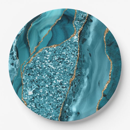 Assiettes En Carton Géode dorée en marbre bleu turquoise Parties scint (Devant)