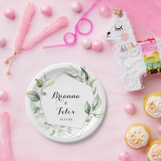 Assiettes En Carton Géométrique Elegant Gold Greenery Mariage Gâteau (Fête)