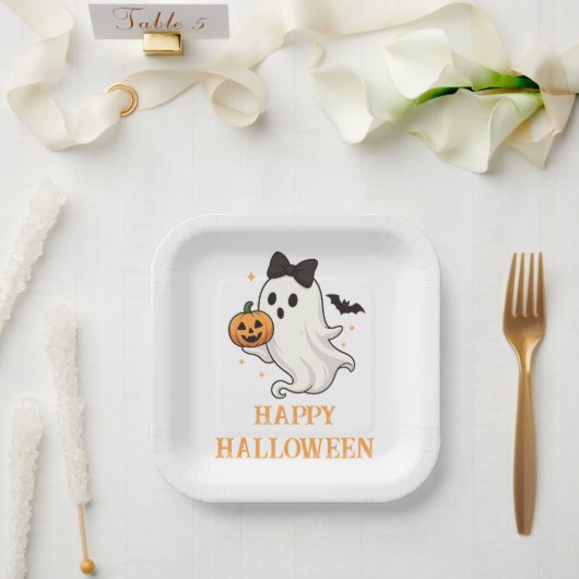 Assiettes En Carton Ghost mignon avec Bow et Citrouille | Halloween (Mariage)