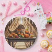 Assiettes En Carton Ginger Cat In a Thanksgiving Cornucopia (Fête)