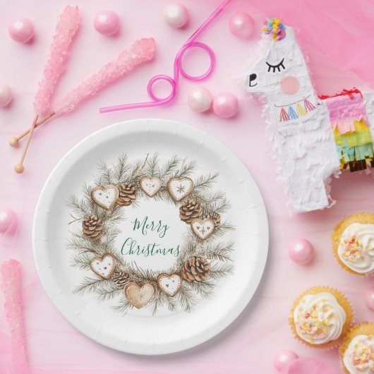 Assiettes En Carton Gingerbread Hearts Pine Cones Wreath Christmas (Fête)