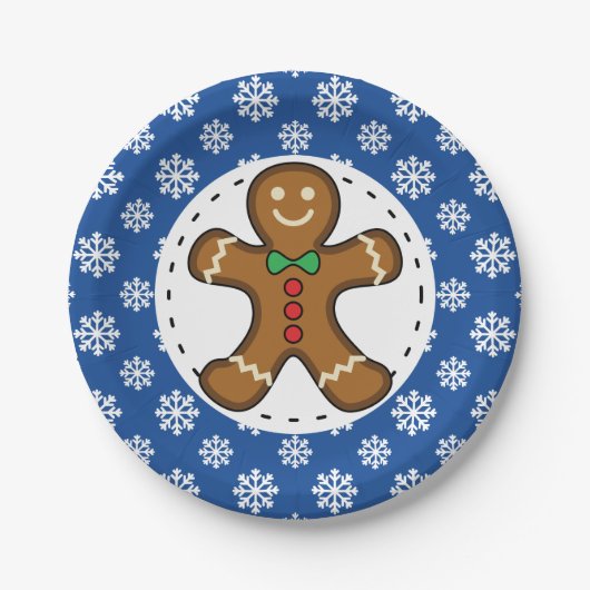Assiettes En Carton Gingerbread Man on Blue White Snowflakes (Devant)