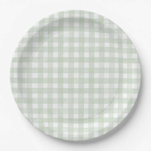 Assiettes En Carton Gingham Classique Vert Sauge (Devant)