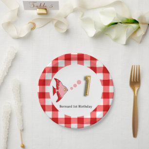 Assiettes En Carton Gingham, Poisson Rouge & Ballon 1er Anniversaire