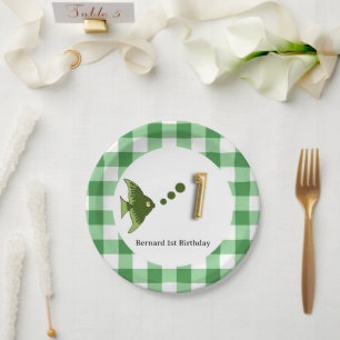 Assiettes En Carton Gingham, Poisson Vert & Ballon 1er Anniversaire