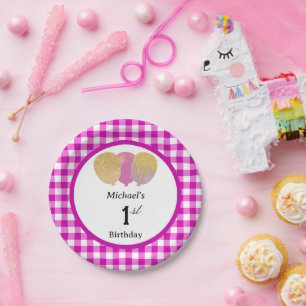 Assiettes En Carton Gingham rose et ballons 1er anniversaire