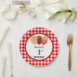 Assiettes En Carton Gingham Rouge & Ballons 1er Anniversaire