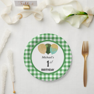 Assiettes En Carton Gingham Vert & Ballons 1er Anniversaire