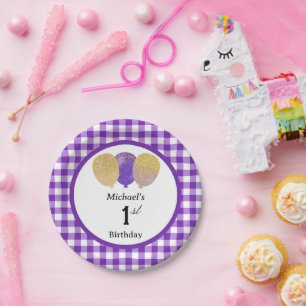 Assiettes En Carton Gingham Violet & Ballons 1er Anniversaire
