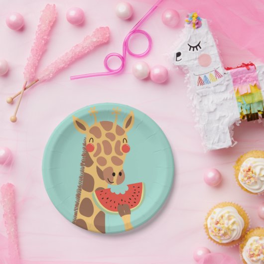 Assiettes En Carton Girafe mangeant la partie de pastèque (Fête)