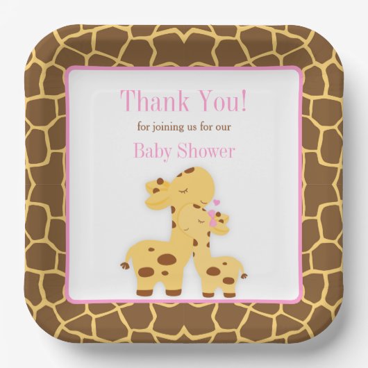 Assiettes En Carton Giraffe Baby shower fille rose (Recto)