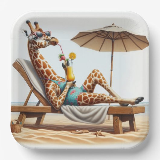 Assiettes En Carton Giraffe De Plage Boire Un Cocktail (Recto)