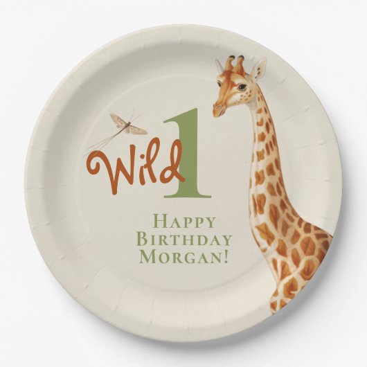 Assiettes En Carton Giraffe d'une jungle sauvage 1er anniversaire (Devant)