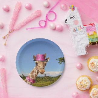 Assiettes En Carton Giraffe en casquette rose étincelant