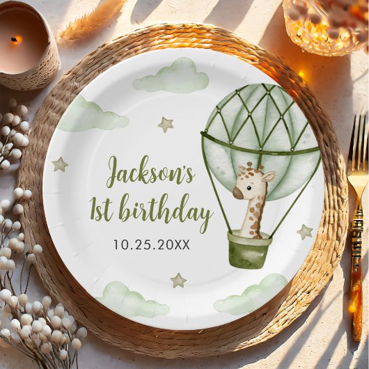 Assiettes En Carton Giraffe Hot Air Balloon Green Boy 1er anniversaire