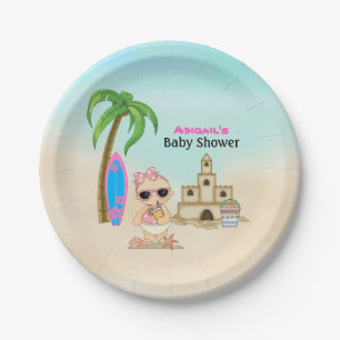 Assiettes En Carton Girl Beach Baby Sandcastle, Baby shower Surfboard