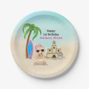 Assiettes En Carton Girl Beach Baby Sandcastle, Surfboard 1er annivers