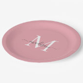 Assiettes En Carton Girl Blush rose Gris Monogramme Élégant Nom du scr (Angle)