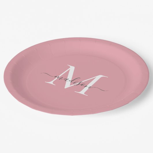 Assiettes En Carton Girl Blush rose Gris Monogramme Élégant Nom du scr (Angle)