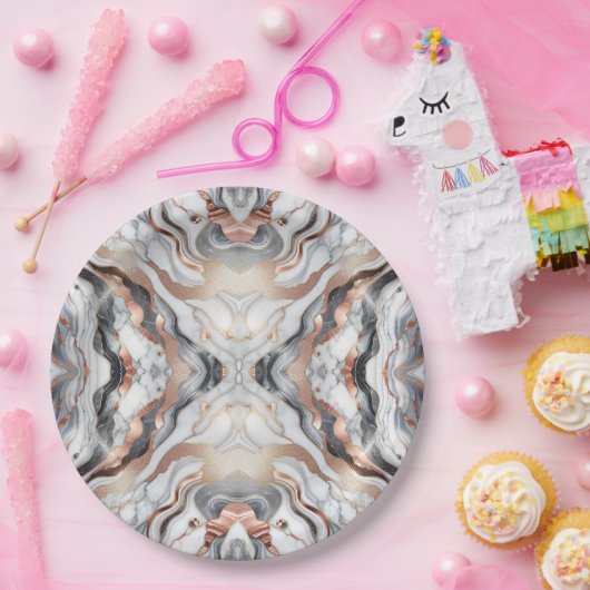 Assiettes En Carton Girl Glam Rose Gold Argent & Marbre blanc (Fête)