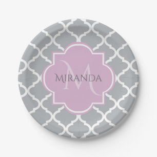 Assiettes En Carton Girl Grey Quatrefoil Lavender Monogramme et nom