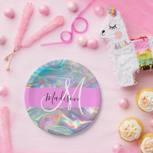Assiettes En Carton Girl Rainbow Holographic Iridescente Monogramme No (Fête)