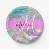 Assiettes En Carton Girl Rainbow Holographic Iridescente Monogramme No (Devant)