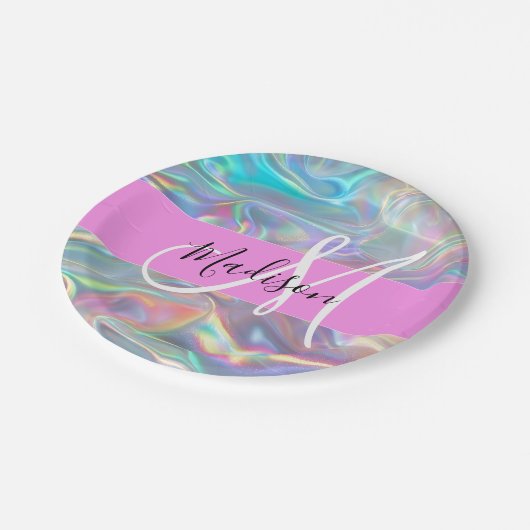 Assiettes En Carton Girl Rainbow Holographic Iridescente Monogramme No (Angle)