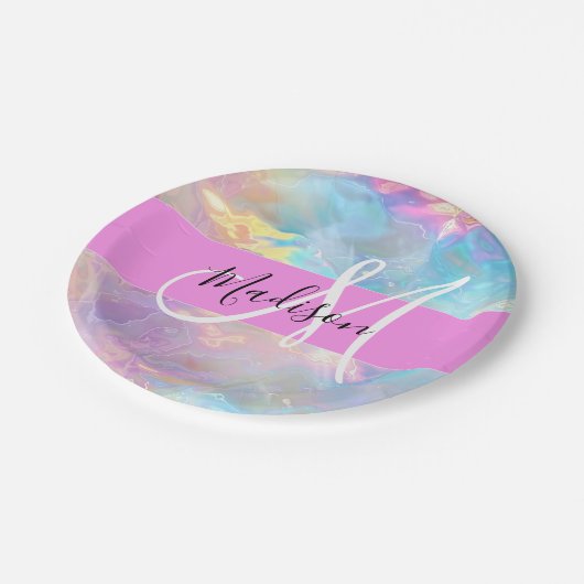 Assiettes En Carton Girl Rainbow Holographic Iridescente Monogramme No (Angle)