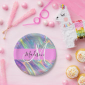 Assiettes En Carton Girl Rainbow Holographic Iridescente Monogramme No (Fête)