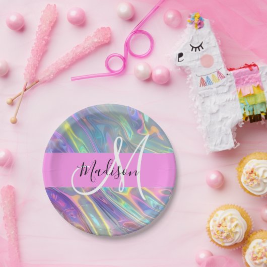 Assiettes En Carton Girl Rainbow Holographic Iridescente Monogramme No (Fête)