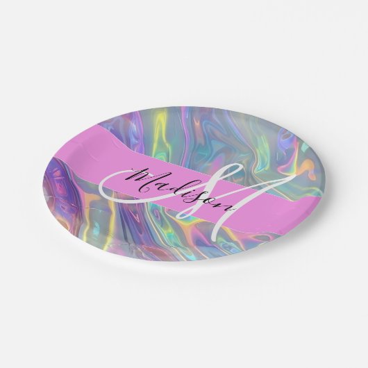 Assiettes En Carton Girl Rainbow Holographic Iridescente Monogramme No (Angle)