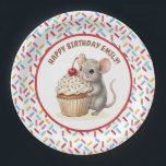 Assiettes En Carton Girl's Birthday Party | Mouse & Cupcake<br><div class="desc">A cute girl's birthday birthday personalized paper plates with a sweet mouse and cupcake theme. Pink,  beige and cherry red sprinkles on a cute vanilla cupcake being held by a watercolor mouse!</div>