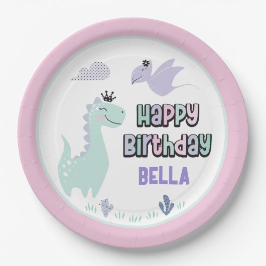 Assiettes En Carton Girly Dinosaur A-Roar able Joyeux Anniversaire (Devant)