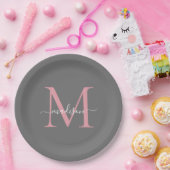 Assiettes En Carton Girly Grey Blush Pink Monogramme tendance Nom du s (Fête)