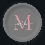 Assiettes En Carton Girly Grey Blush Pink Monogramme tendance Nom du s<br><div class="desc">Simple moderne tendance gris clair rose Monogramme féminin moderne Script Nom Plaque en papier</div>